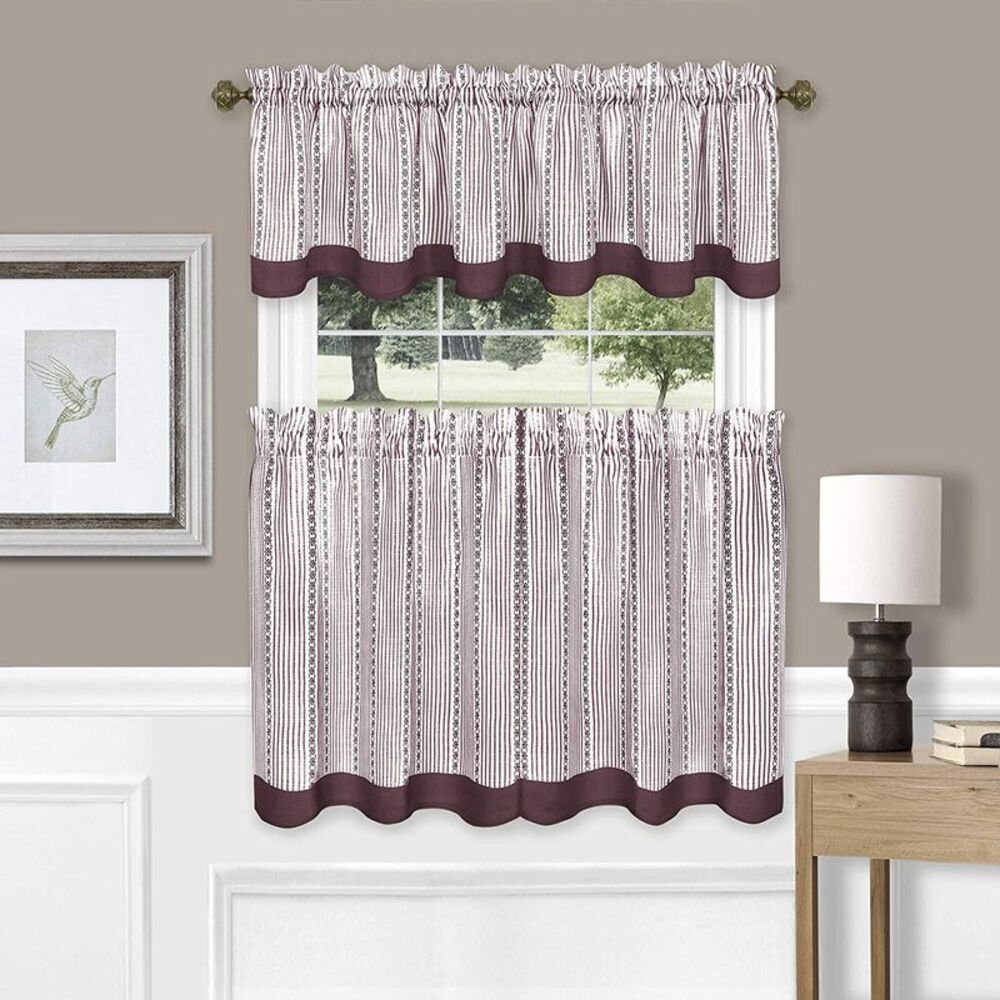 Westport Window Kitchen Curtains 3-Piece Tier & Valance Set (Burgundy, 58" W x